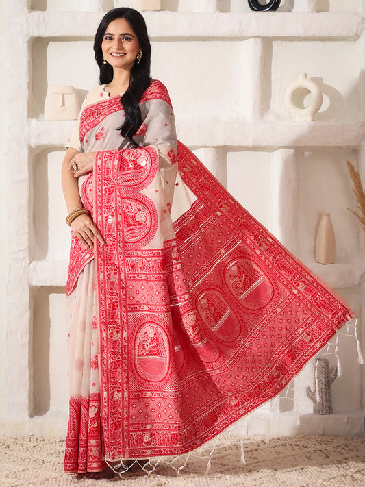 Astita Elegant Woven Linen Cotton Saree for Durga Puja & Diwali | Ethnic Motif Design with Rich Zari Border | Soft, Breathable, Festive-Ready Traditional Drape