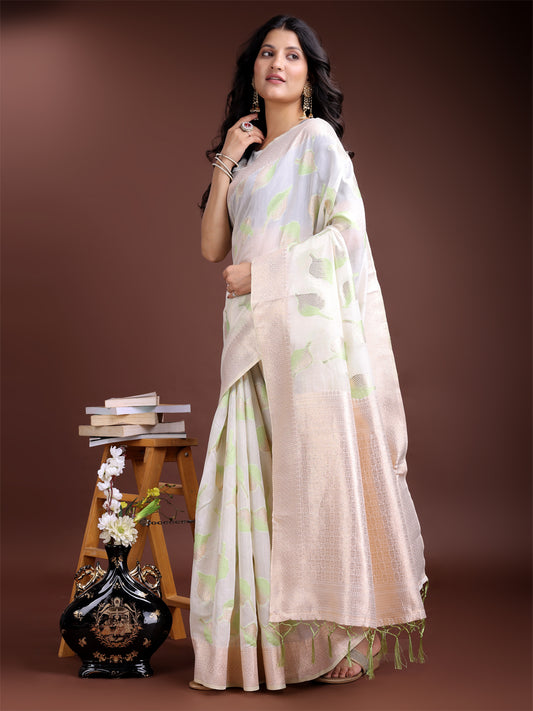 Astita Elegant White & Light Green Leaf Print Cotton Saree for Women with Zari Border & Tassels – Soft & Lightweight Daily Wear Saree