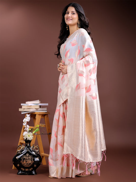 Astita Elegant White & Pink Leaf Print Cotton Saree for Women with Zari Border & Tassels – Soft & Lightweight Daily Wear Saree