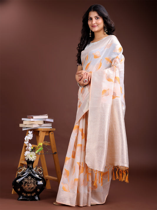 Astita Elegant White & Orange Leaf Print Cotton Saree for Women with Zari Border & Tassels – Soft & Lightweight Daily Wear Saree