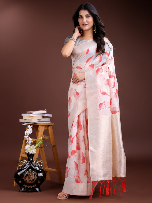 Astita Elegant White & Red Leaf Print Cotton Saree for Women with Zari Border & Tassels – Soft & Lightweight Daily Wear Saree