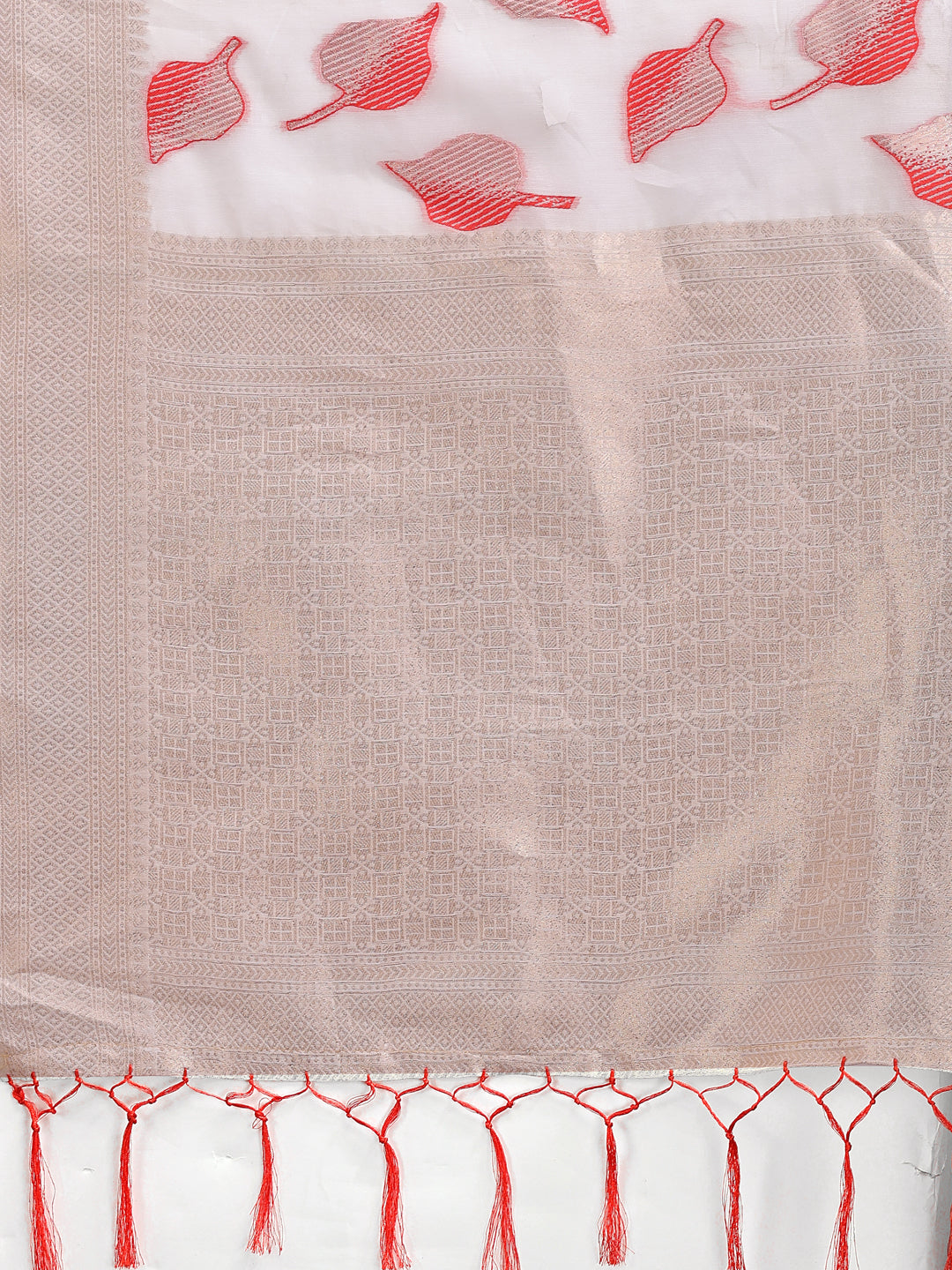 Astita Elegant White & Red Leaf Print Cotton Saree for Women with Zari Border & Tassels – Soft & Lightweight Daily Wear Saree