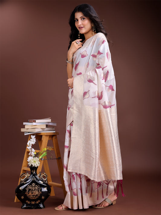 Astita Elegant White & Purple Leaf Print Cotton Saree for Women with Zari Border & Tassels – Soft & Lightweight Daily Wear Saree