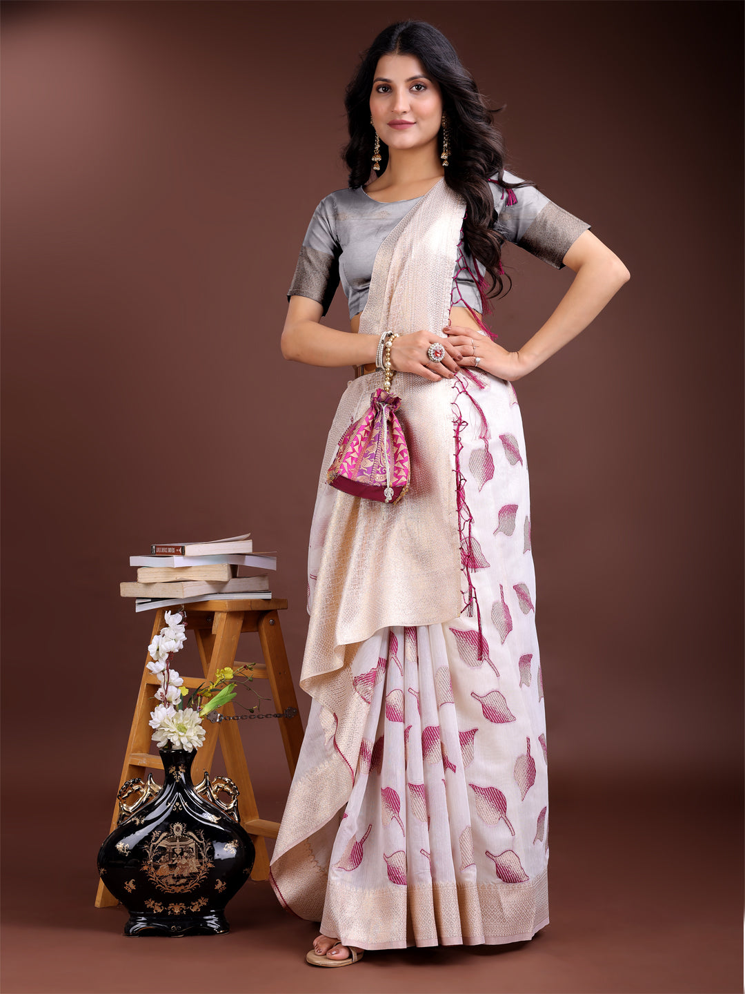 Astita Elegant White & Purple Leaf Print Cotton Saree for Women with Zari Border & Tassels – Soft & Lightweight Daily Wear Saree
