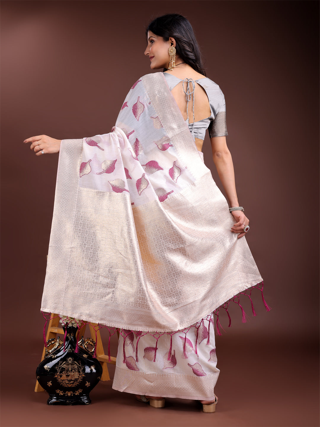Astita Elegant White & Purple Leaf Print Cotton Saree for Women with Zari Border & Tassels – Soft & Lightweight Daily Wear Saree