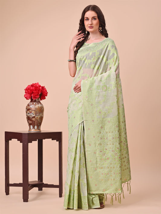 Beige & Light Green Banarasi Cotton Saree with Floral Zari Work and Traditional Pallu