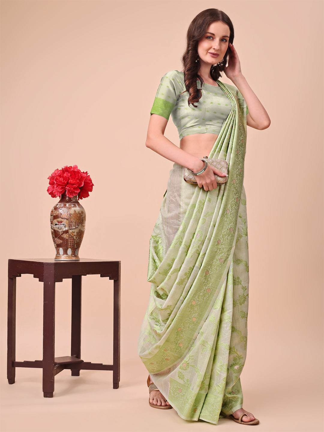 Beige & Light Green Banarasi Cotton Saree with Floral Zari Work and Traditional Pallu