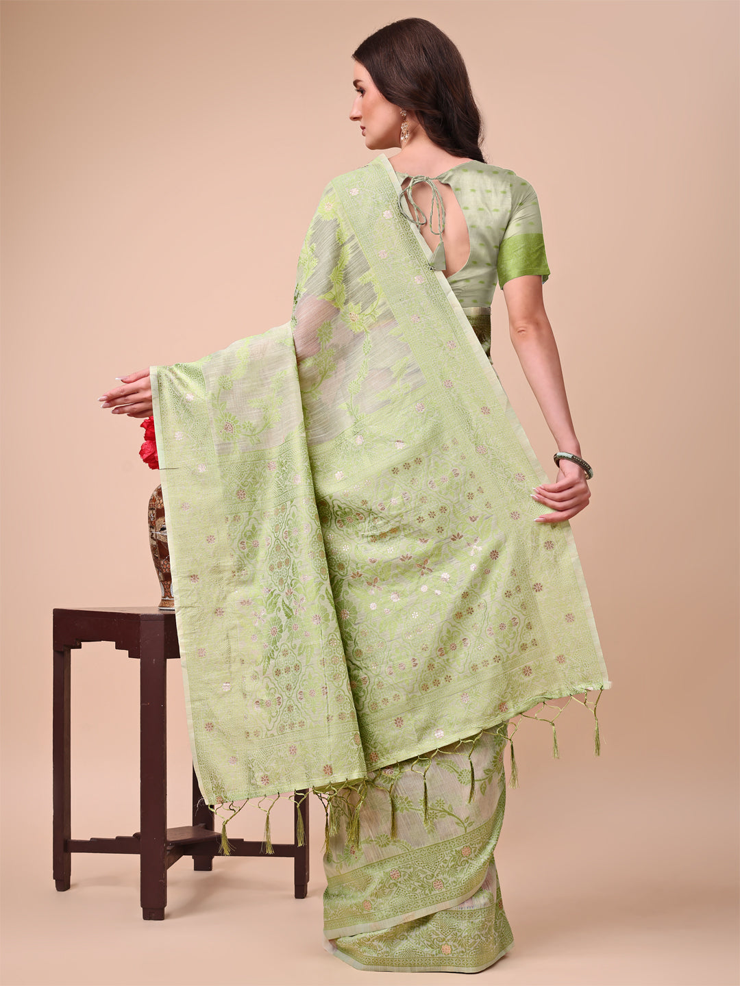 Beige & Light Green Banarasi Cotton Saree with Floral Zari Work and Traditional Pallu