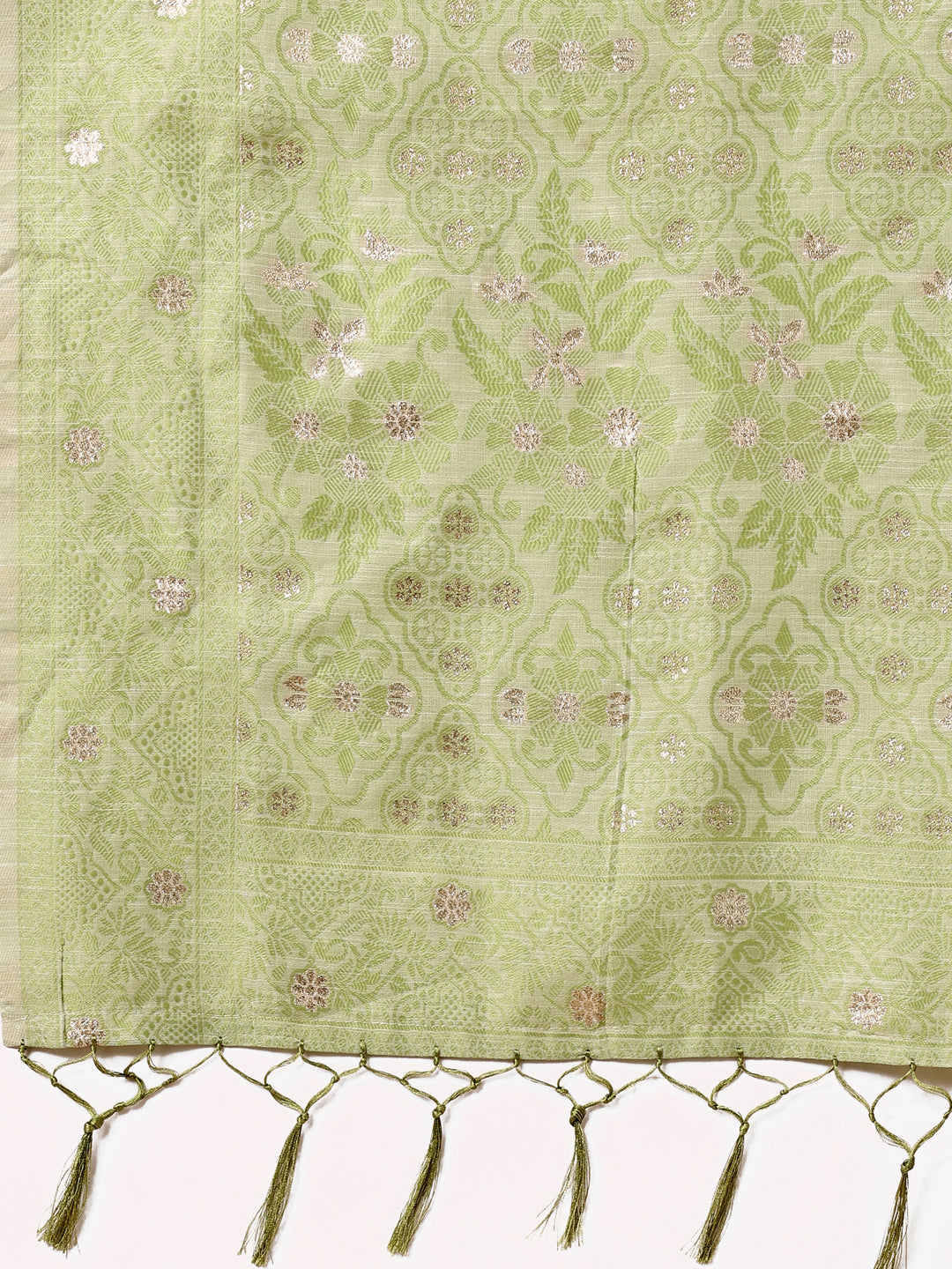 Beige & Light Green Banarasi Cotton Saree with Floral Zari Work and Traditional Pallu