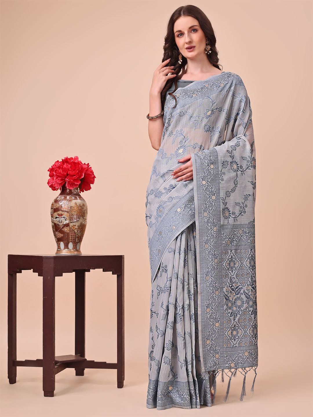 Beige & Grey Banarasi Cotton Saree with Floral Zari Work and Traditional Pallu