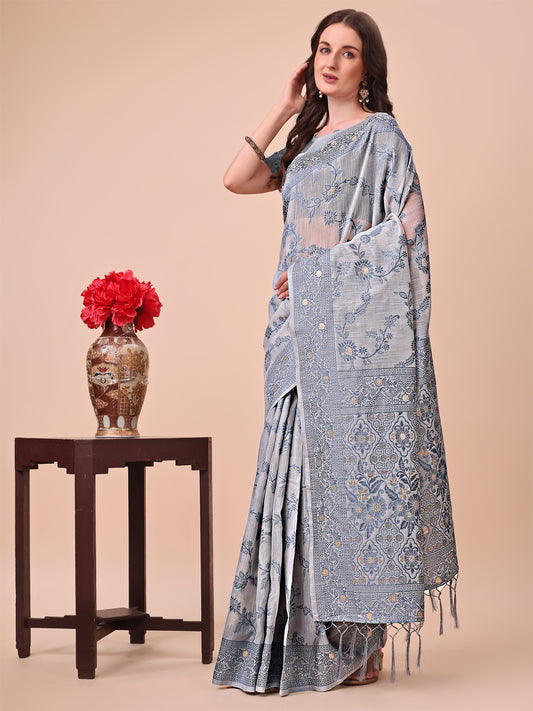 Beige & Grey Banarasi Cotton Saree with Floral Zari Work and Traditional Pallu