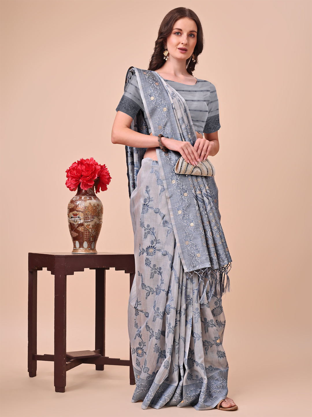 Beige & Grey Banarasi Cotton Saree with Floral Zari Work and Traditional Pallu