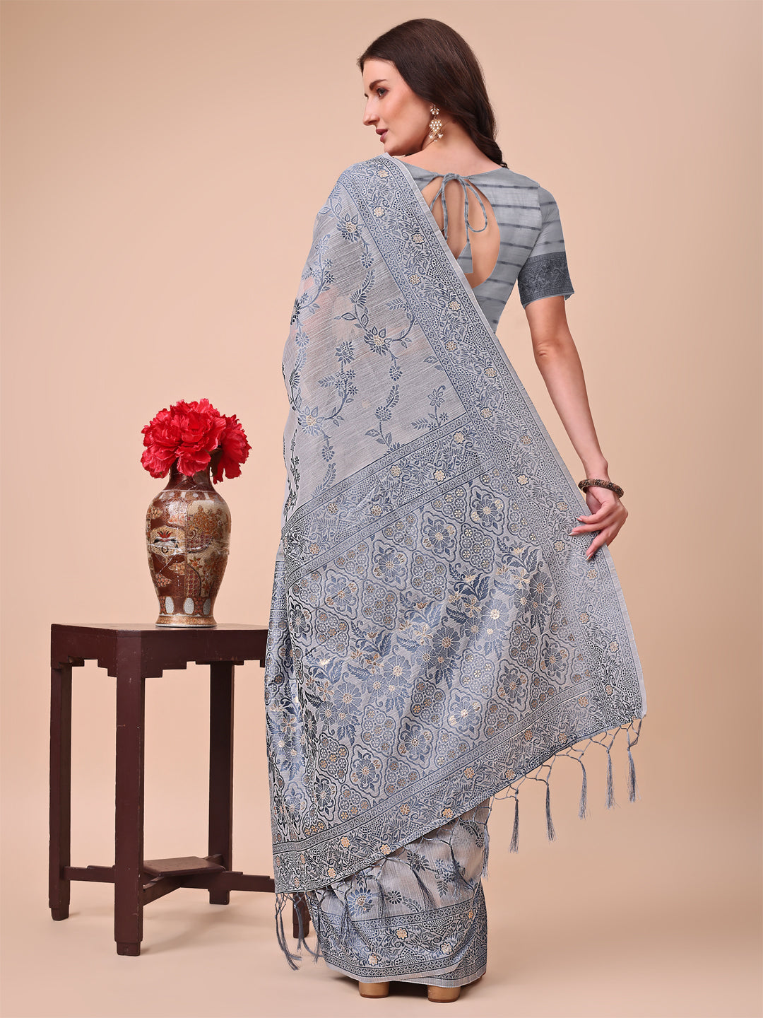 Beige & Grey Banarasi Cotton Saree with Floral Zari Work and Traditional Pallu