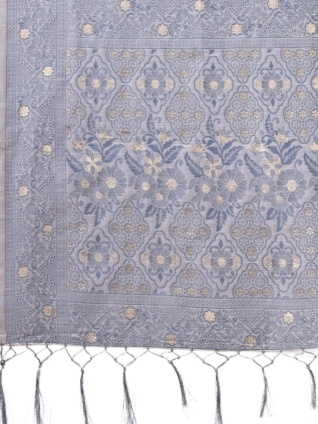 Beige & Grey Banarasi Cotton Saree with Floral Zari Work and Traditional Pallu