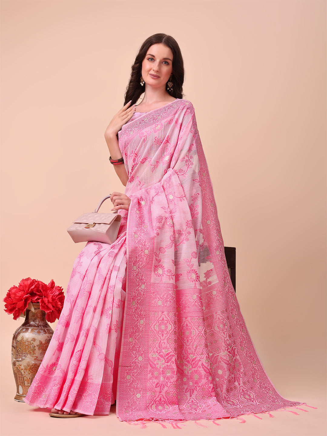 Beige & Pink Banarasi Cotton Saree with Floral Zari Work and Traditional Pallu