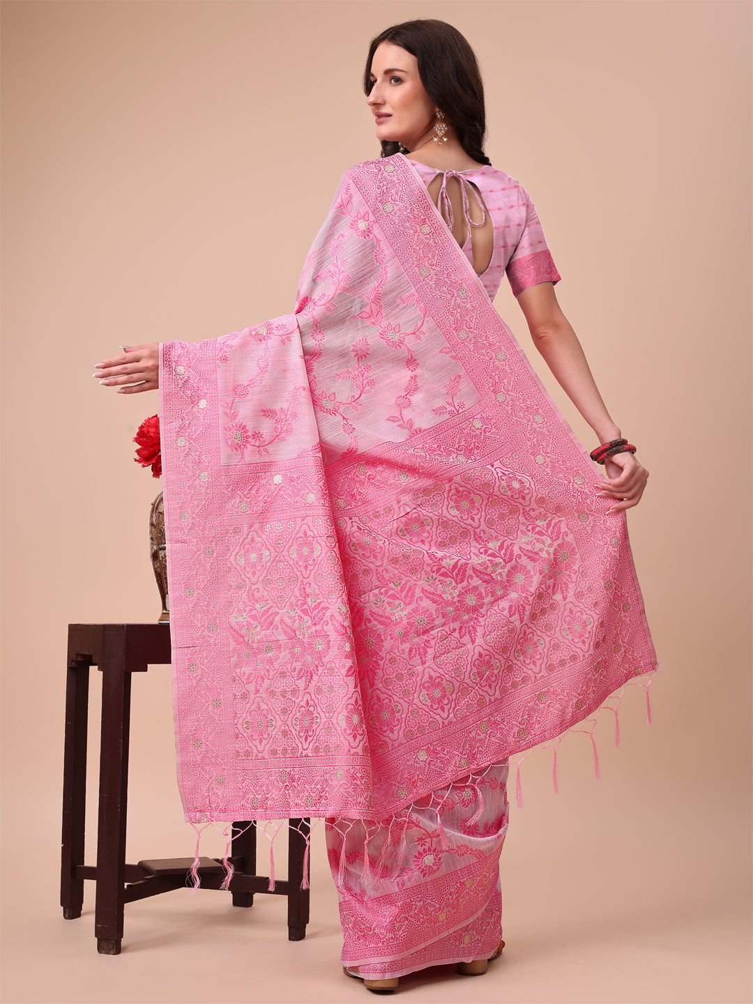Beige & Pink Banarasi Cotton Saree with Floral Zari Work and Traditional Pallu