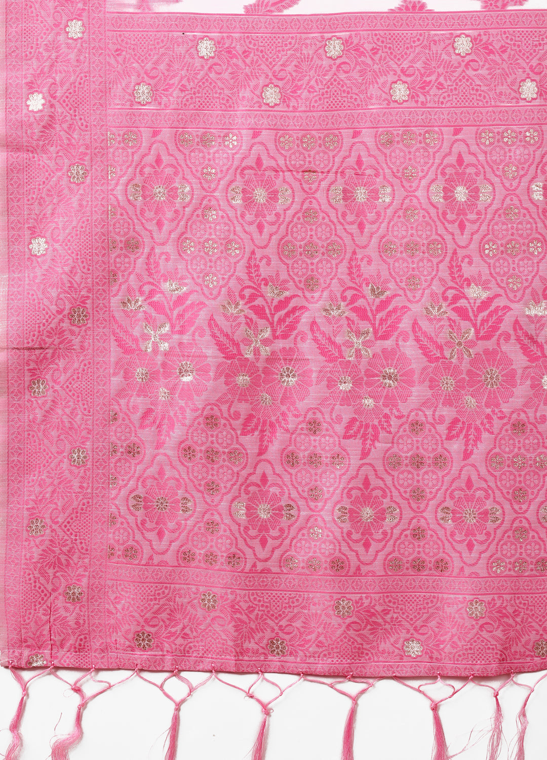 Beige & Pink Banarasi Cotton Saree with Floral Zari Work and Traditional Pallu