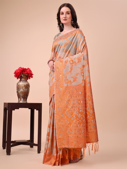 Beige & Orange Banarasi Cotton Saree with Floral Zari Work and Traditional Pallu