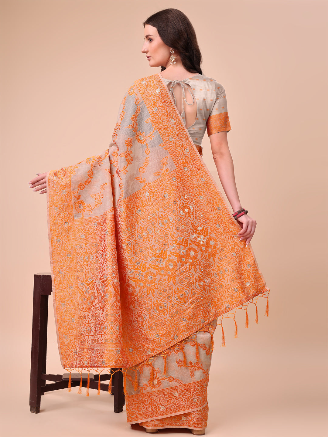 Beige & Orange Banarasi Cotton Saree with Floral Zari Work and Traditional Pallu