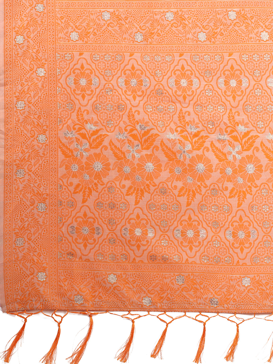 Beige & Orange Banarasi Cotton Saree with Floral Zari Work and Traditional Pallu