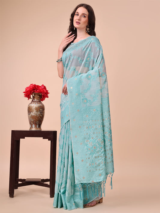 Beige & Sky Blue Banarasi Cotton Saree with Floral Zari Work and Traditional Pallu