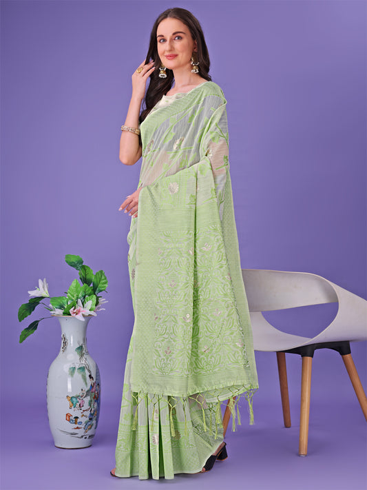 Astita Light Green Lichi Silk Saree with Floral Weaving & Tassel Pallu – Elegant Festive & Party Wear Saree