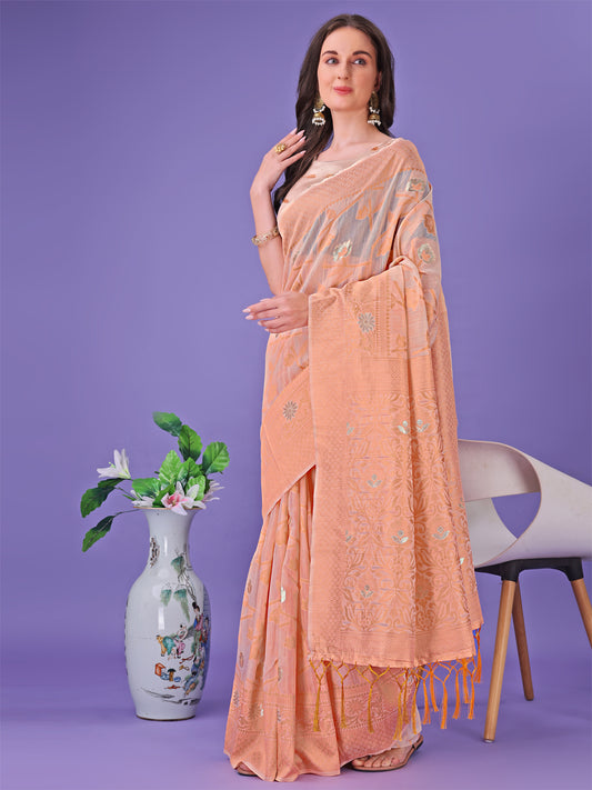 Astita Peach Lichi Silk Saree with Floral Weaving & Tassel Pallu – Elegant Festive & Party Wear Saree