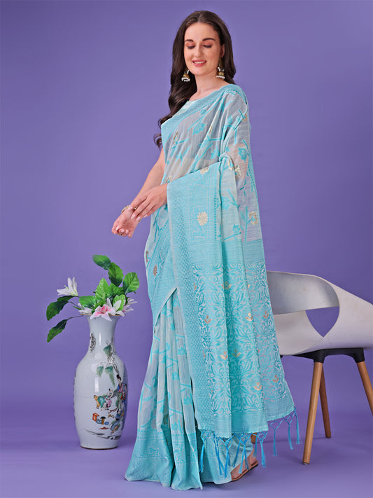 Astita Sky Blue Lichi Silk Saree with Floral Weaving & Tassel Pallu – Elegant Festive & Party Wear Saree