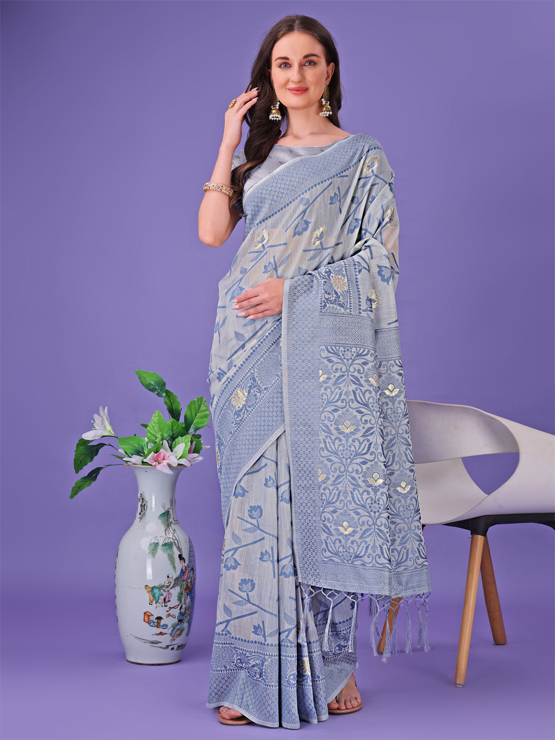 Astita Grey Lichi Silk Saree with Floral Weaving & Tassel Pallu – Elegant Festive & Party Wear Saree