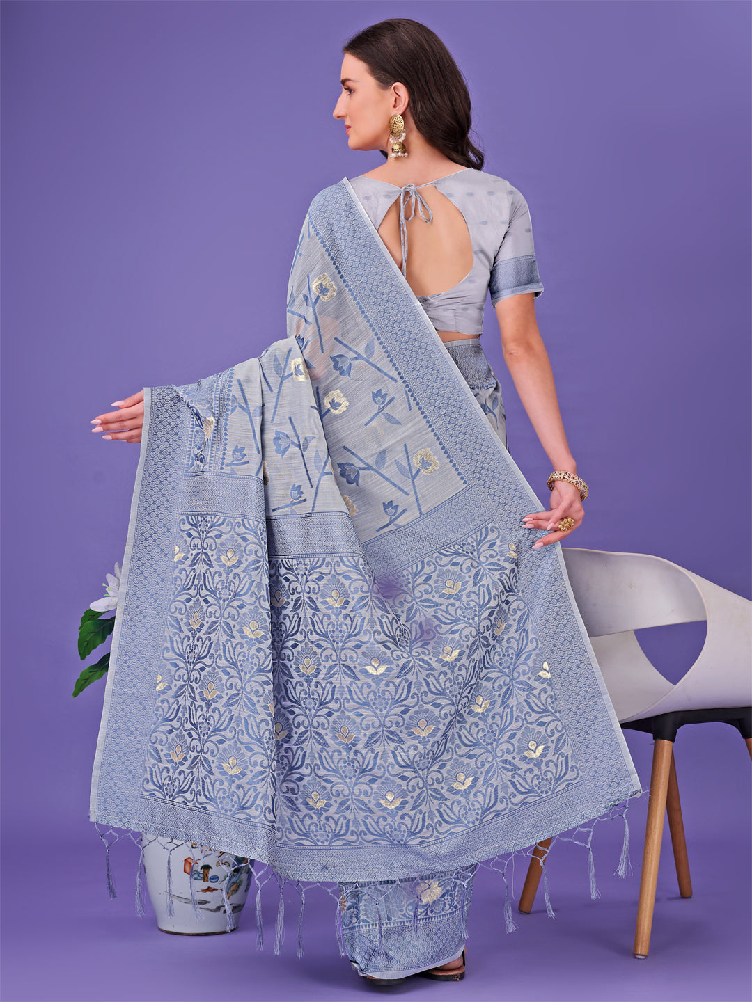 Astita Grey Lichi Silk Saree with Floral Weaving & Tassel Pallu – Elegant Festive & Party Wear Saree