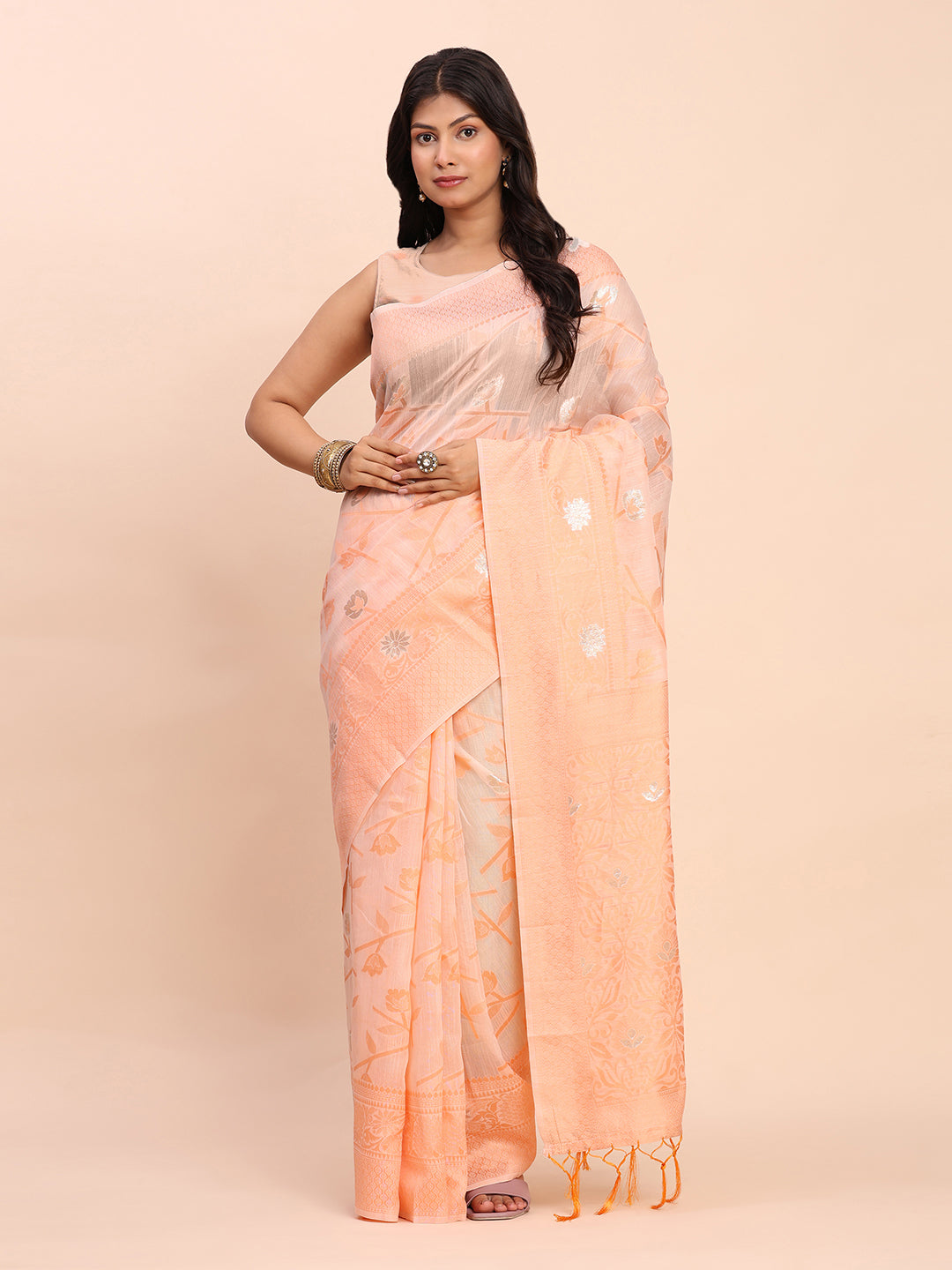 Astita Beige & Peach Banarasi Cotton Saree with Floral Zari Work and Traditional Pallu – Elegant Ethnic Wear for Festivals & Ceremonies