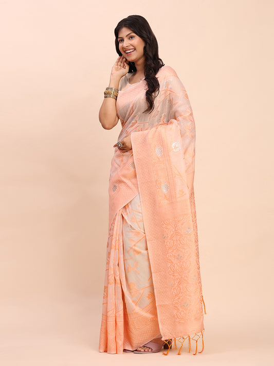 Astita Beige & Peach Banarasi Cotton Saree with Floral Zari Work and Traditional Pallu – Elegant Ethnic Wear for Festivals & Ceremonies