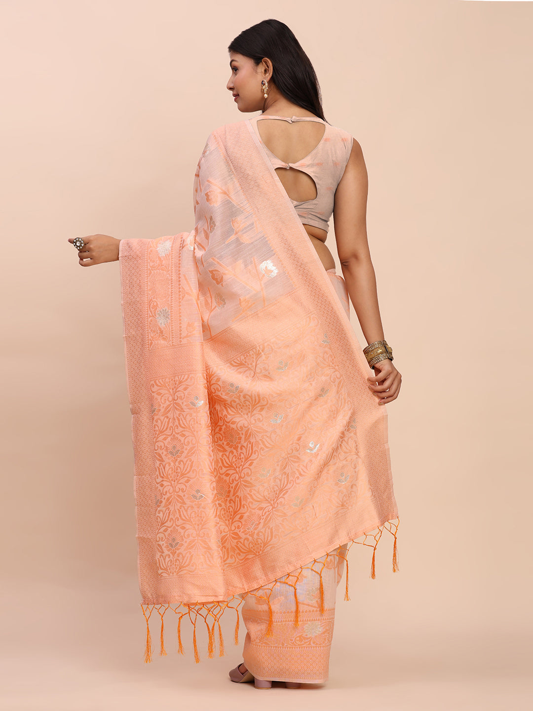Astita Beige & Peach Banarasi Cotton Saree with Floral Zari Work and Traditional Pallu – Elegant Ethnic Wear for Festivals & Ceremonies