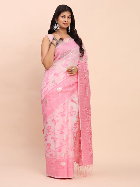 Astita Beige & Pink Banarasi Cotton Saree with Floral Zari Work and Traditional Pallu – Elegant Ethnic Wear for Festivals & Ceremonies