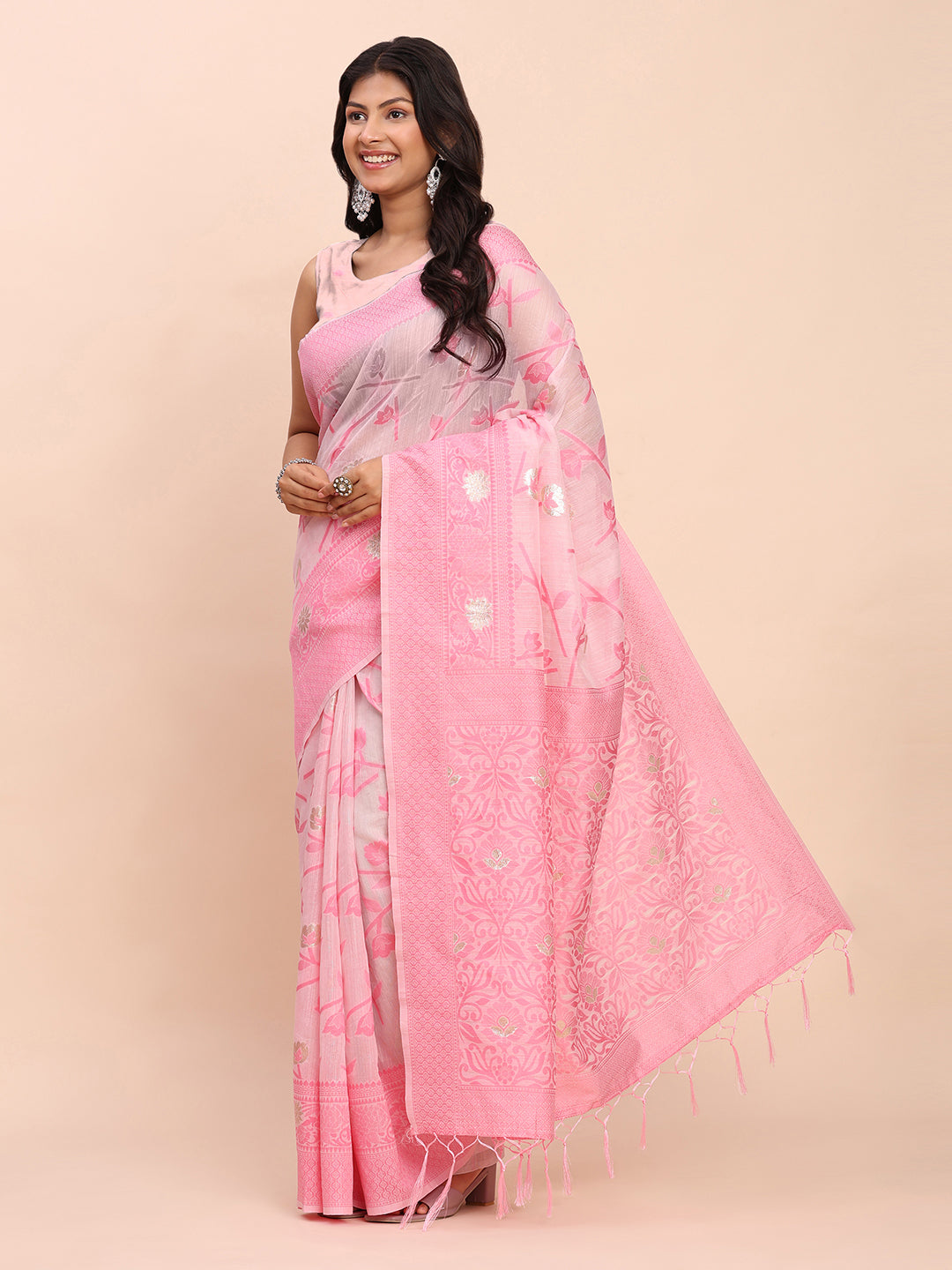 Astita Beige & Pink Banarasi Cotton Saree with Floral Zari Work and Traditional Pallu – Elegant Ethnic Wear for Festivals & Ceremonies