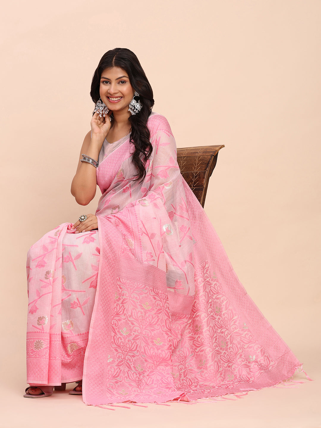 Astita Beige & Pink Banarasi Cotton Saree with Floral Zari Work and Traditional Pallu – Elegant Ethnic Wear for Festivals & Ceremonies