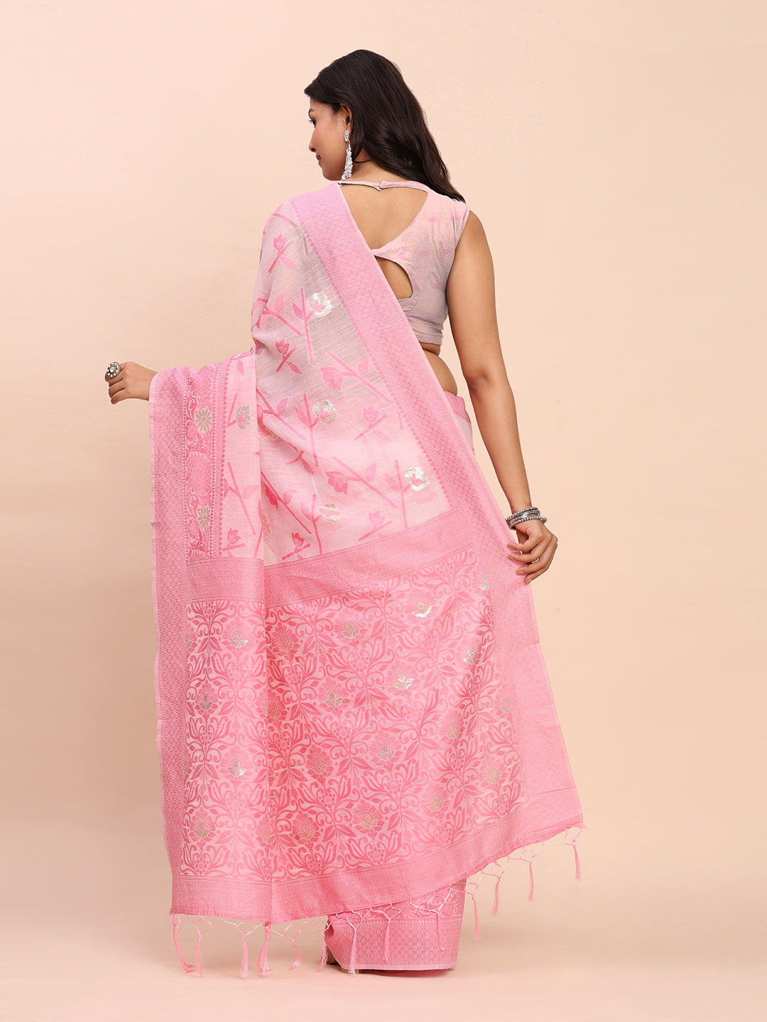Astita Beige & Pink Banarasi Cotton Saree with Floral Zari Work and Traditional Pallu – Elegant Ethnic Wear for Festivals & Ceremonies