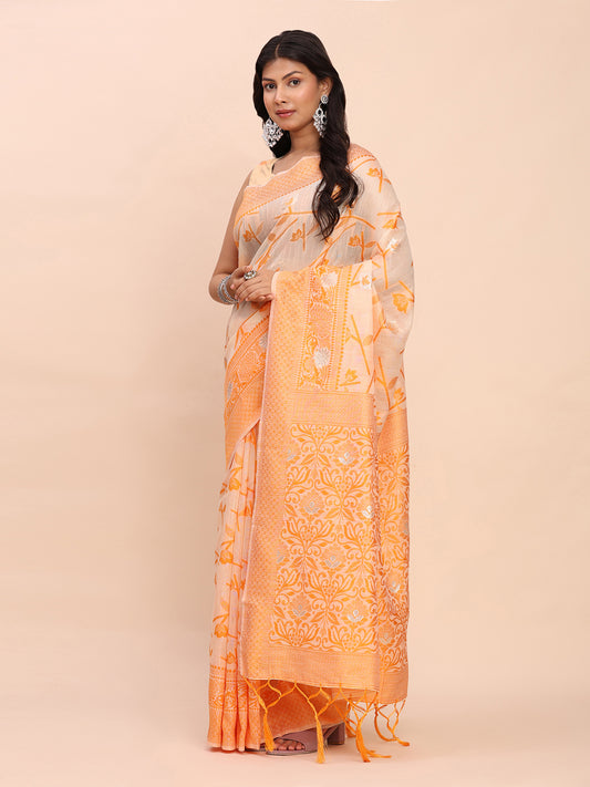 Astita Beige & Orange Banarasi Cotton Saree with Floral Zari Work and Traditional Pallu – Elegant Ethnic Wear for Festivals & Ceremonies
