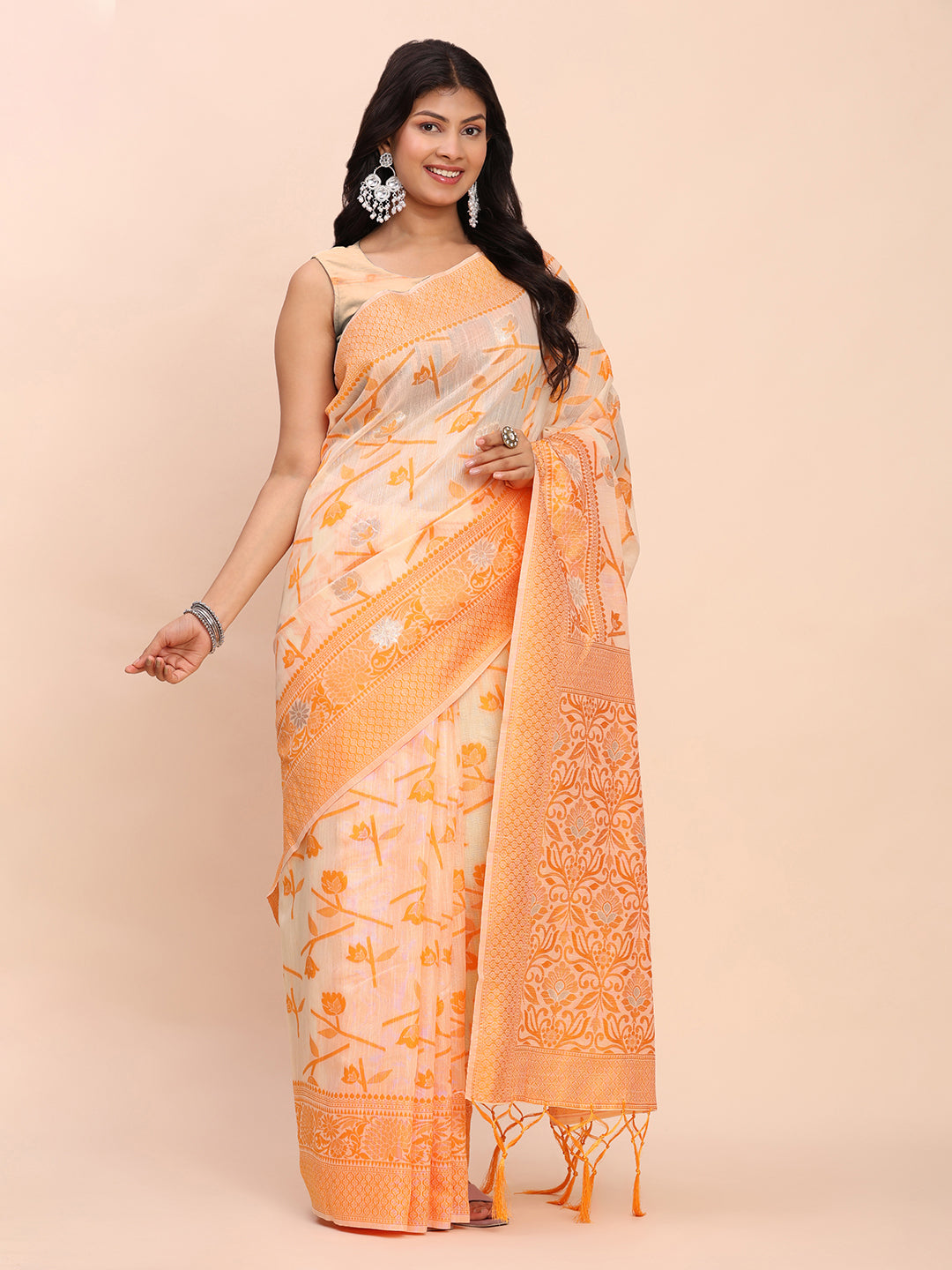 Astita Beige & Orange Banarasi Cotton Saree with Floral Zari Work and Traditional Pallu – Elegant Ethnic Wear for Festivals & Ceremonies