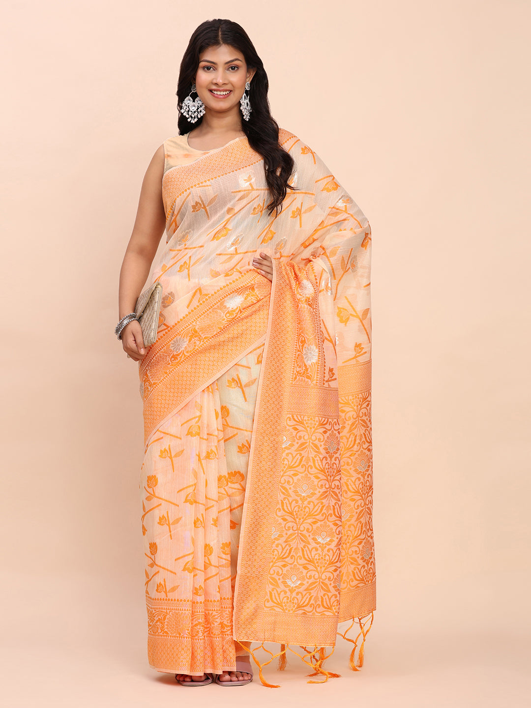 Astita Beige & Orange Banarasi Cotton Saree with Floral Zari Work and Traditional Pallu – Elegant Ethnic Wear for Festivals & Ceremonies