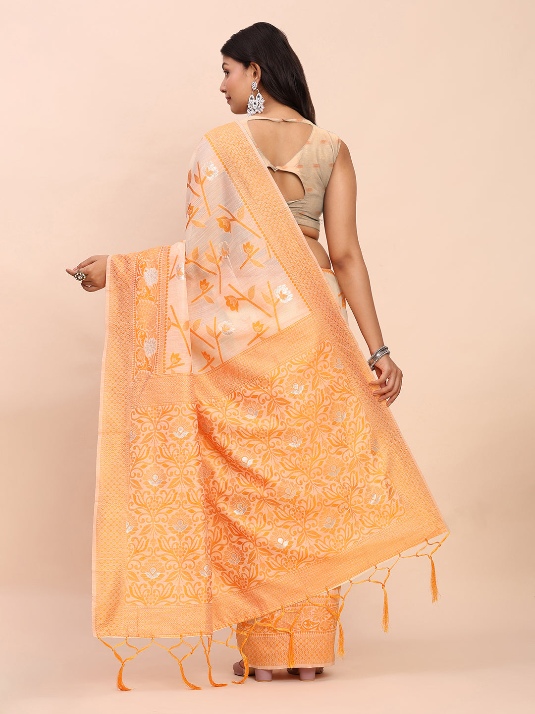 Astita Beige & Orange Banarasi Cotton Saree with Floral Zari Work and Traditional Pallu – Elegant Ethnic Wear for Festivals & Ceremonies