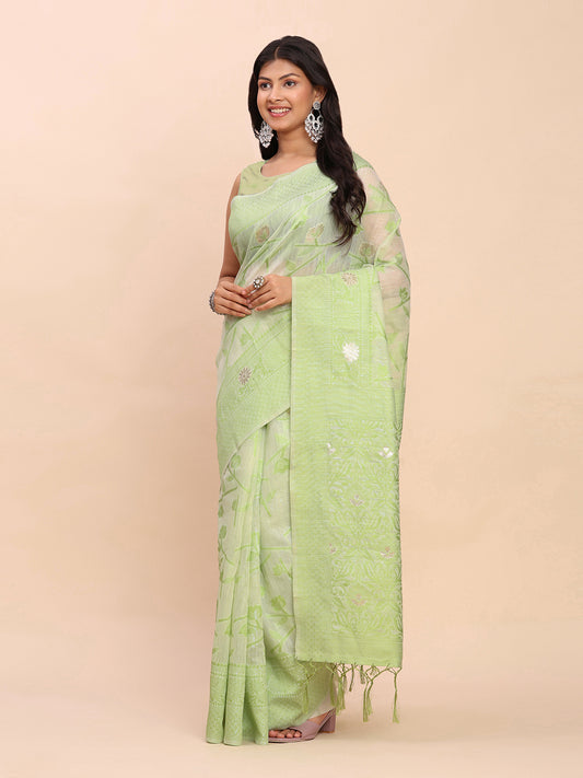 Astita Beige & Light Green Banarasi Cotton Saree with Floral Zari Work and Traditional Pallu – Elegant Ethnic Wear for Festivals & Ceremonies