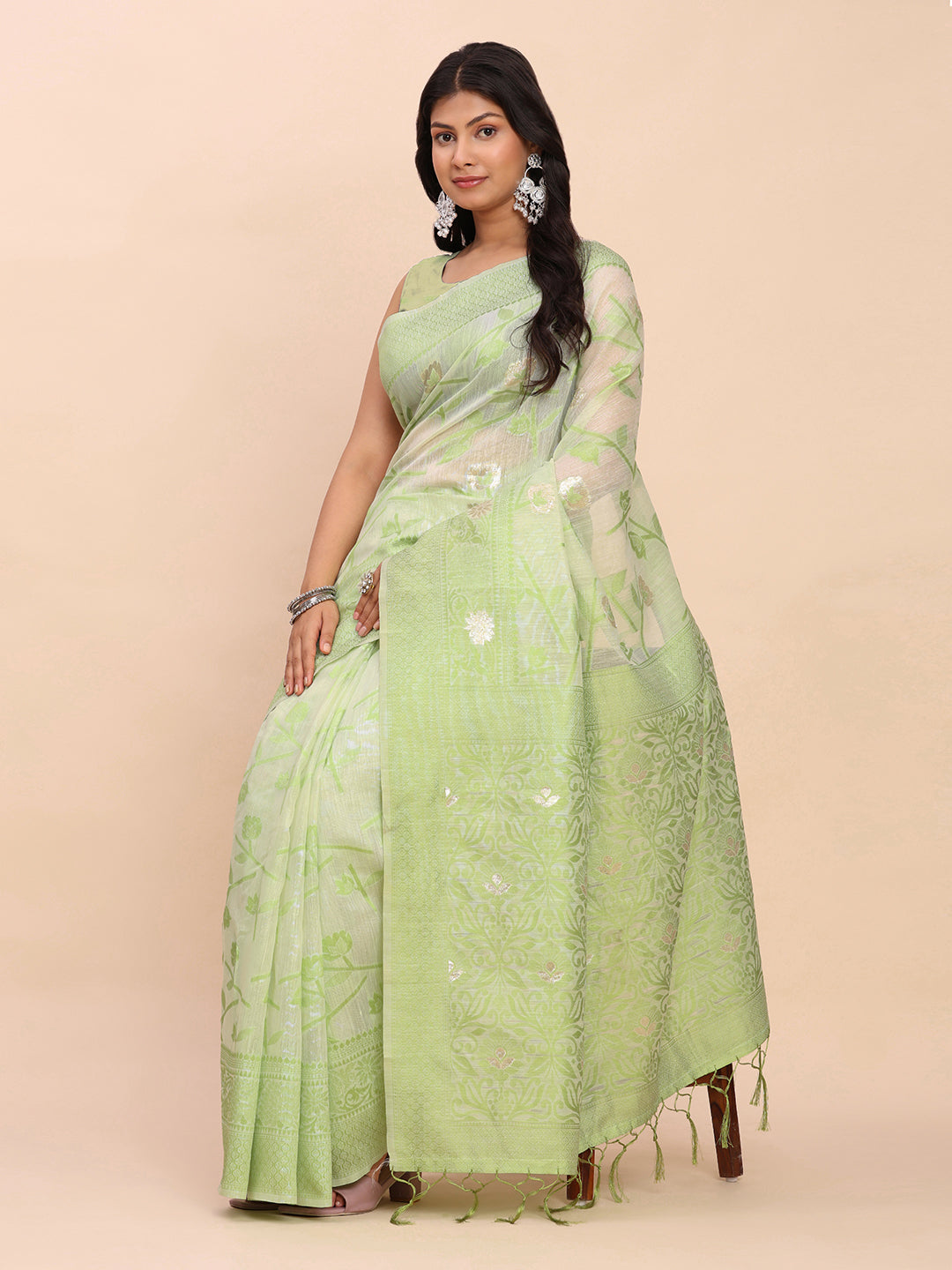 Astita Beige & Light Green Banarasi Cotton Saree with Floral Zari Work and Traditional Pallu – Elegant Ethnic Wear for Festivals & Ceremonies