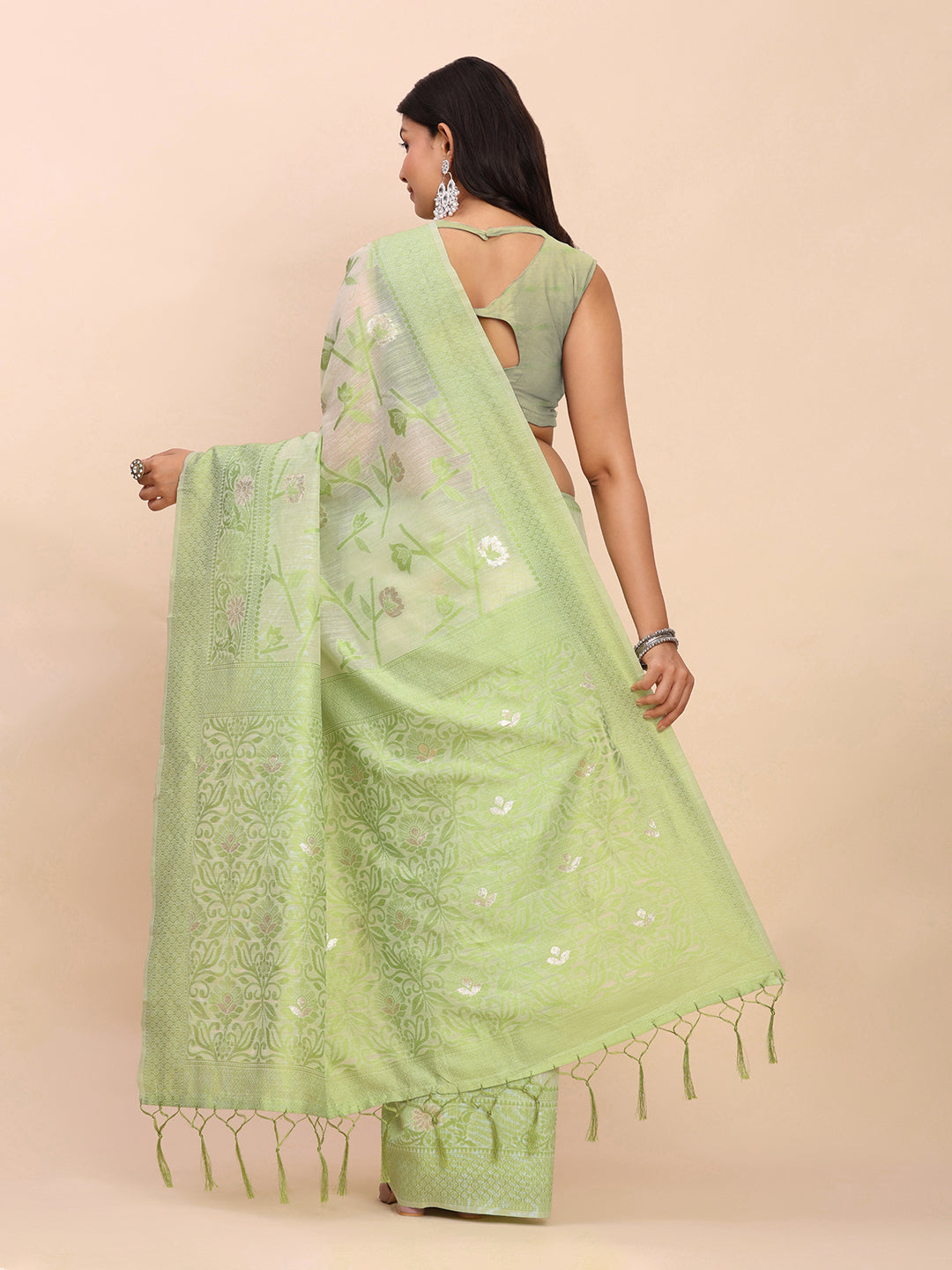 Astita Beige & Light Green Banarasi Cotton Saree with Floral Zari Work and Traditional Pallu – Elegant Ethnic Wear for Festivals & Ceremonies