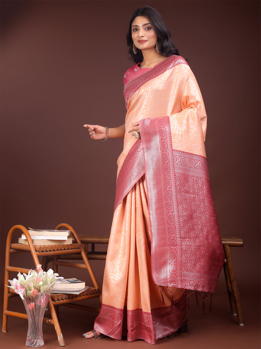 Astita Graceful Orange & Maroon Banarasi Silk Saree with Rich Zari Woven Border – Traditional Elegance for Celebrations
