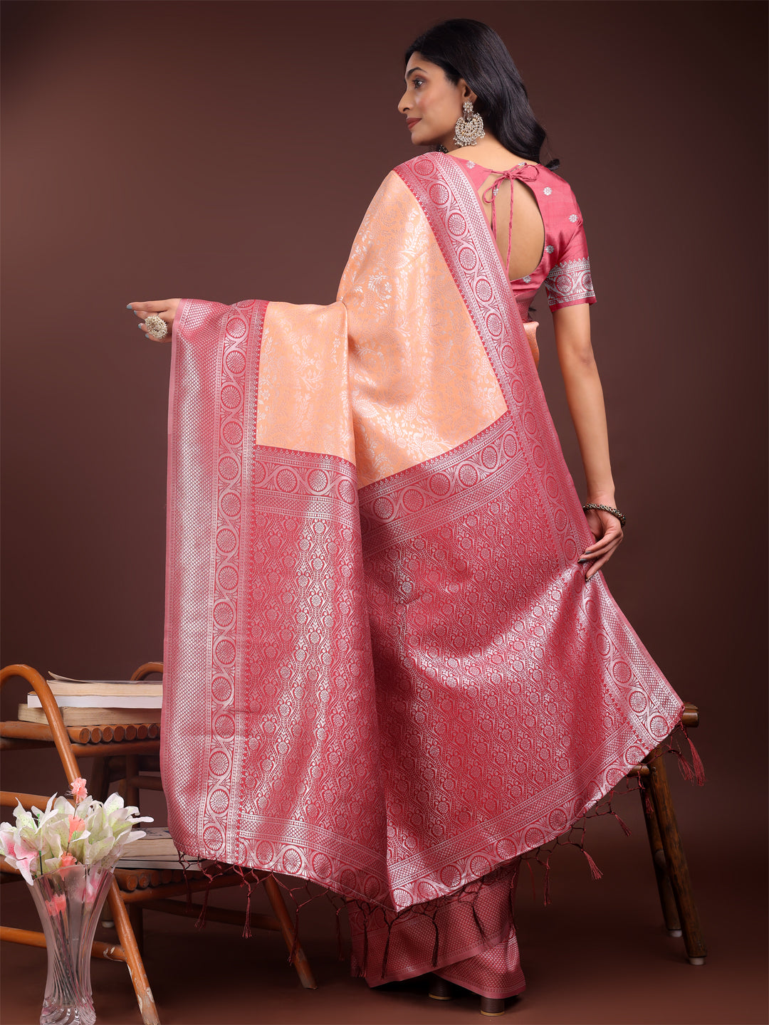 Astita Graceful Orange & Maroon Banarasi Silk Saree with Rich Zari Woven Border – Traditional Elegance for Celebrations