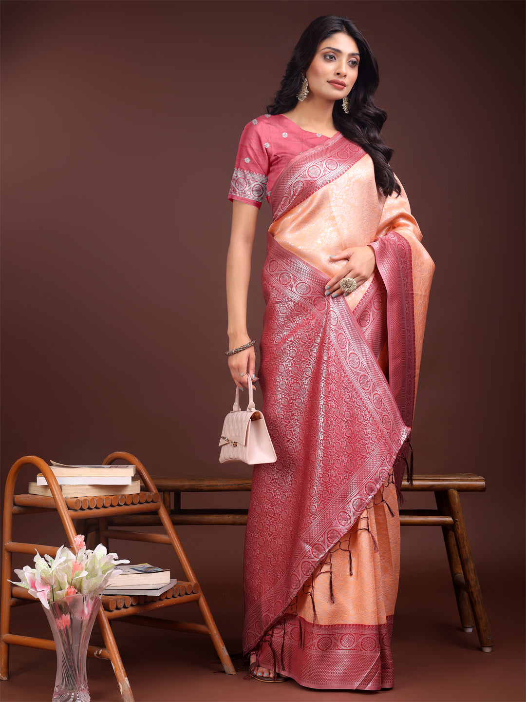 Astita Graceful Orange & Maroon Banarasi Silk Saree with Rich Zari Woven Border – Traditional Elegance for Celebrations