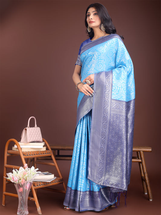 Astita Graceful Sky Blue & Blue Banarasi Silk Saree with Rich Zari Woven Border – Traditional Elegance for Celebrations