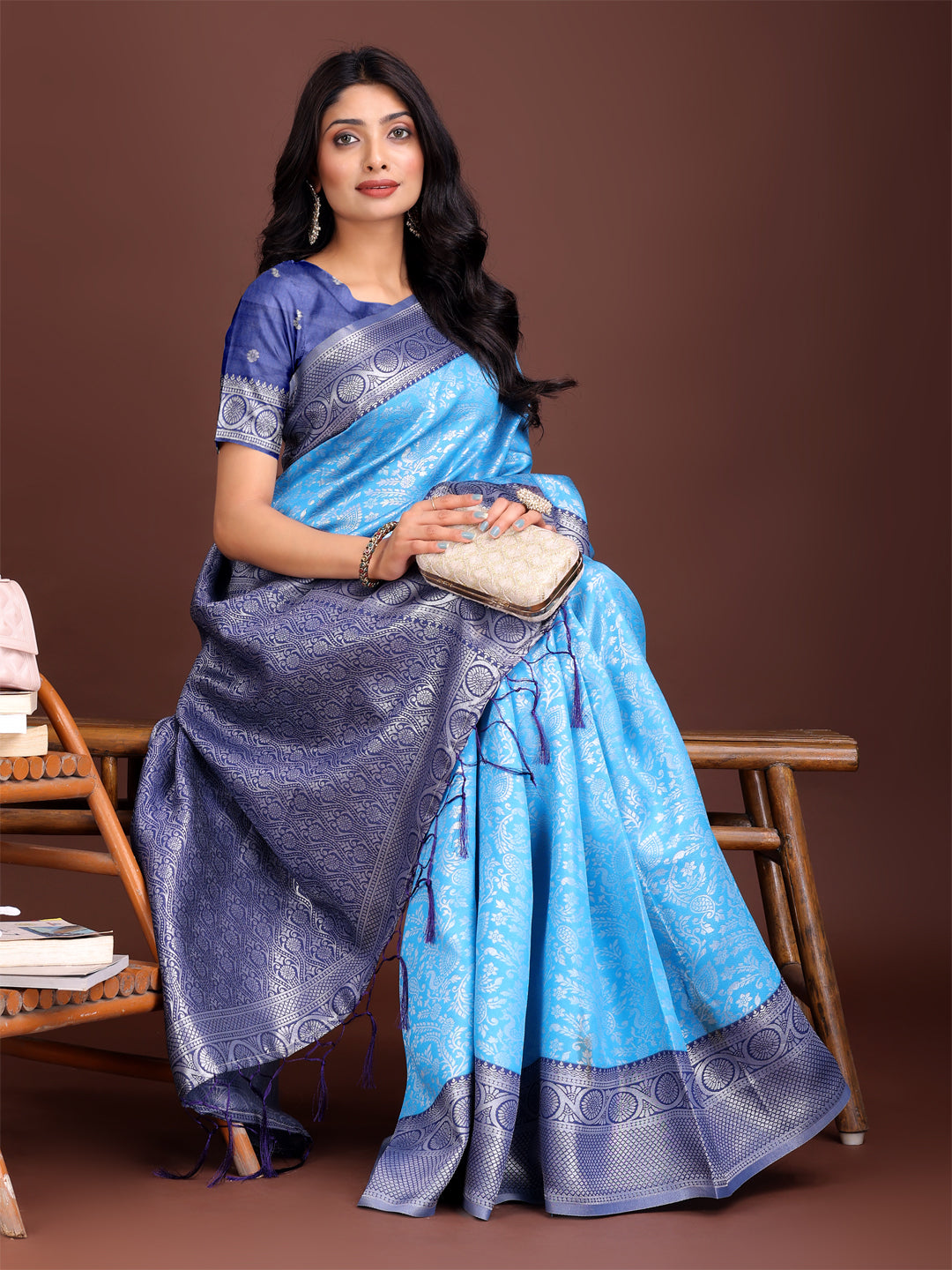 Astita Graceful Sky Blue & Blue Banarasi Silk Saree with Rich Zari Woven Border – Traditional Elegance for Celebrations