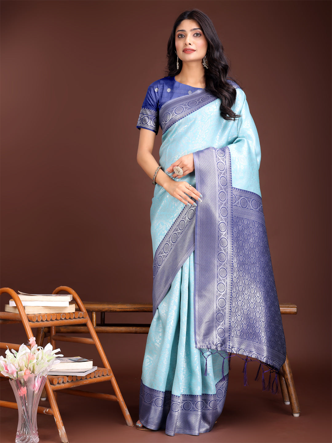 Astita Graceful Teal & Blue Banarasi Silk Saree with Rich Zari Woven Border – Traditional Elegance for Celebrations